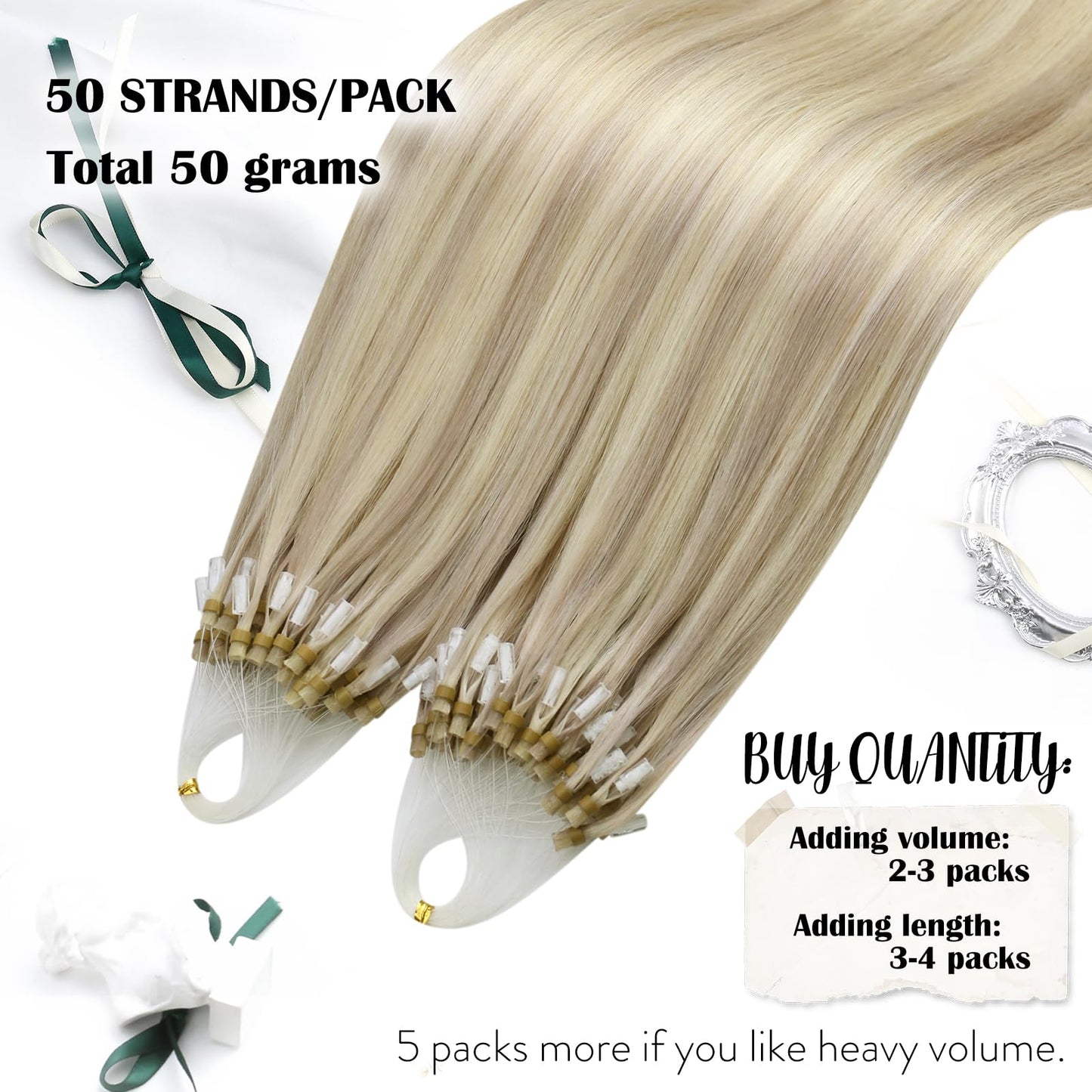 Moresoo Micro Loop Hair Extensions Real Human Hair Blonde Microbead Hair Extensions Ash Blonde with Bleach Blonde Hair Extensions Micro Loop Human Hair Extensions Highlighted 50G/50S 20 Inch #P18/613