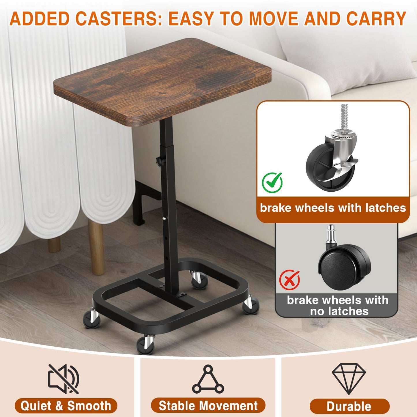 alentar Adjustable Height Mobile TV Tray Table with Wheels, Portable Rolling Desk, and Laptop Table for Eating on Couch or Sofa, Featuring Upgraded Alloy Steel Support and a Sturdy Quadrilateral Base