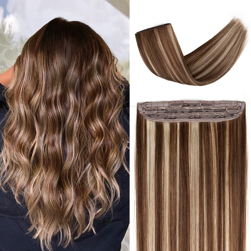 Invisible Wire Hair Extensions Real Human Hair, 14 Inch 75G Brown mixed Blonde Remy Human Hair Extensions with 4 Clips, Long Straight Thick Layered Transparent Hairpiece for Women