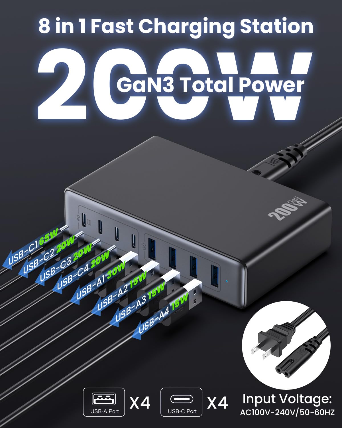 200W USB C Charger Block,GaN III USB Charging Station 8 Ports,QC4.0 Fast Charging Station Hub+PD 65W USB C Laptop Charger Adapter Compatible with MacBook Pro,DELL,iPhone 16/15,iPad,Steam Deck-Black