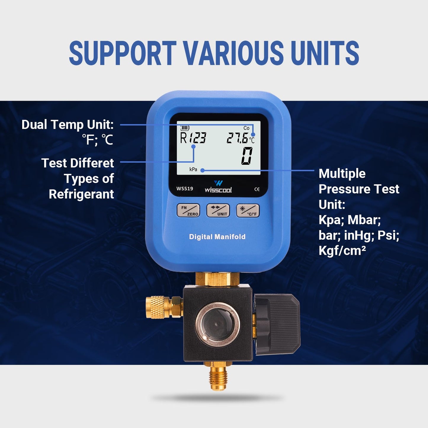 WISSCOOL Digital Gauges HVAC, R12,R22,R134A,R410,R502,R1234y Vacuum Pressure Manifold Gauge Set with LCD Sight Glass 22 Refrigerants Leak Detection Single Test Gauge for AC Charging (Blue)