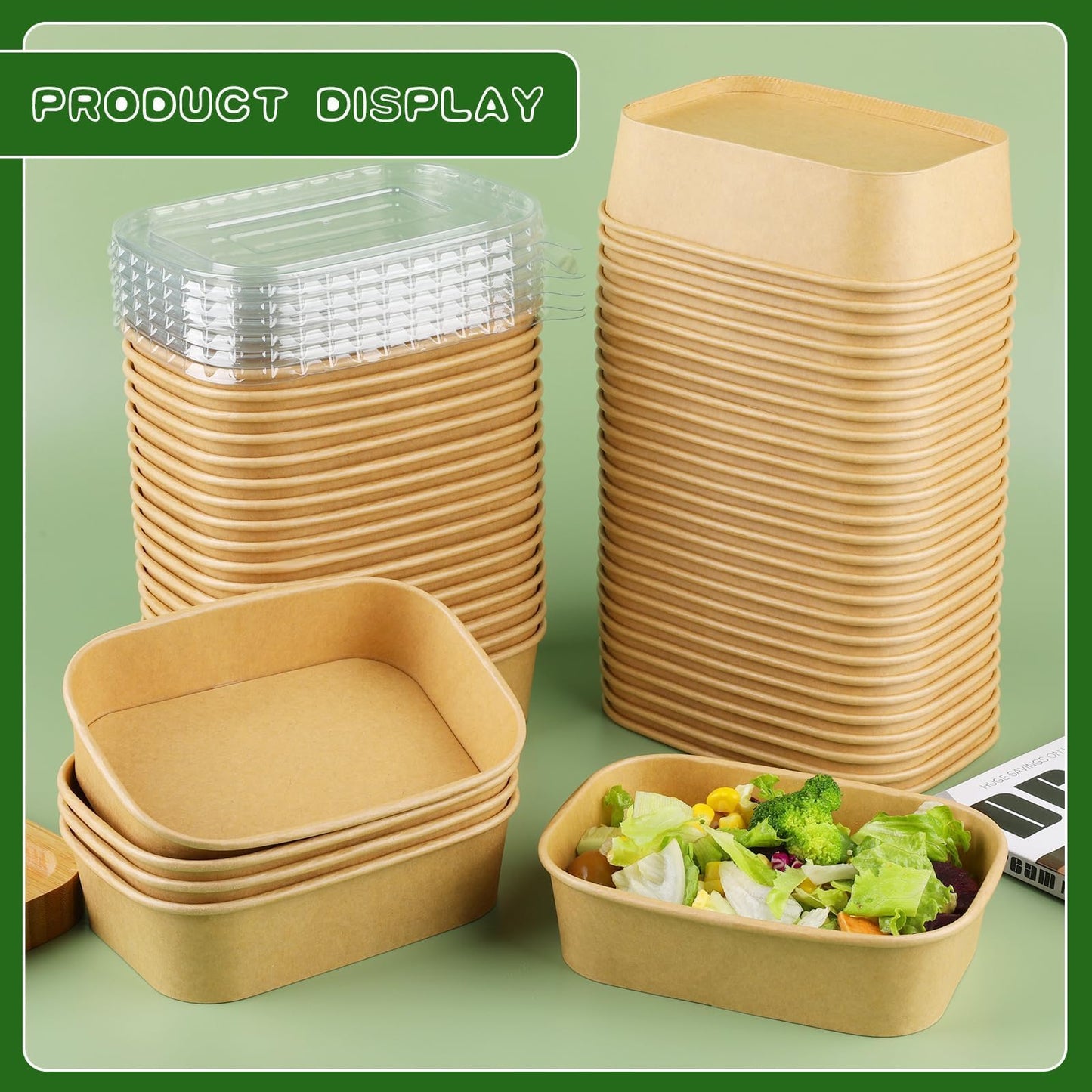 Fniiva 50 Pack 19 oz Paper Bowls, Disposable Food Containers with Lids, Rectangular Disposable Bowls with Lids, Disposable Salad Bowls with Lids for Diet Salad, Ice Cream, Yogurt, Party Food