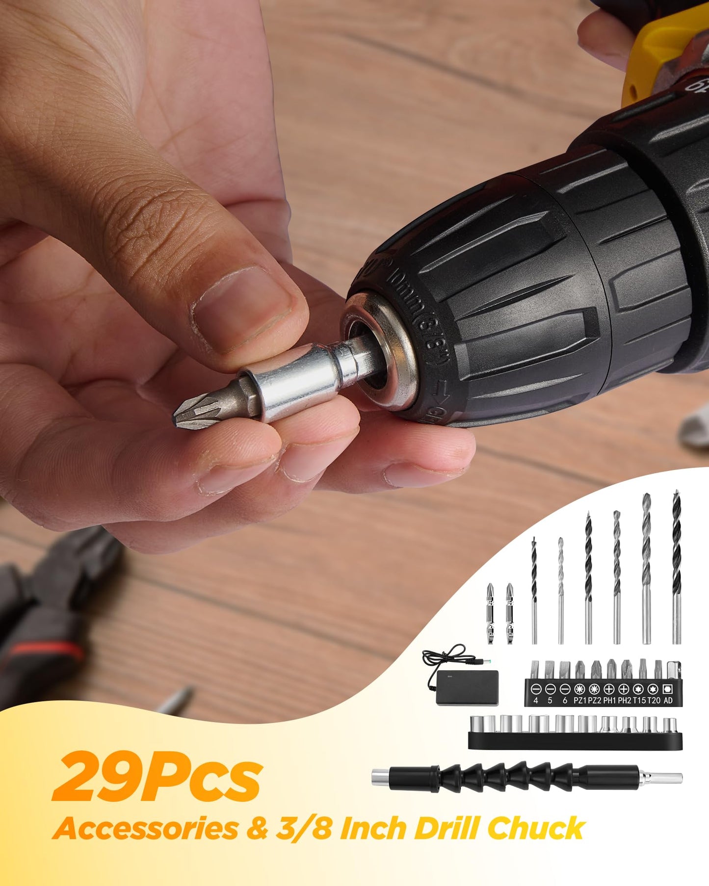 Drill, 21V Cordless Drill with Dual 2.0Ah Power Pack, Electric Drills 3/8 Inch Chuck 370 In-lbs, 25+1 Torque Power Combi Screwdriver Set with Power Pack and Charger, 2 Speed LED Light 29 Accessories
