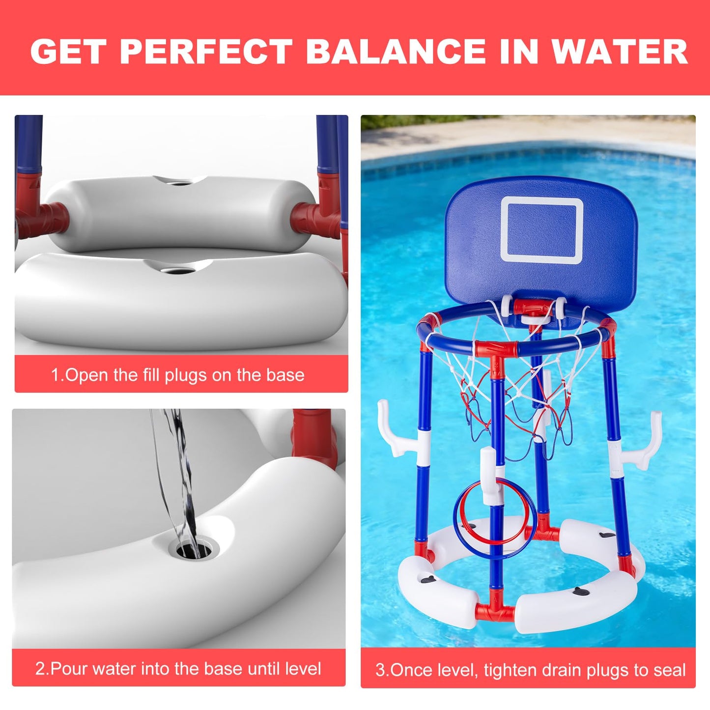 EXCECAR 2-in-1 Floating Pool Basketball Hoop Set,Blue Swimming Pool Basketball Hoop with Backboard,Stable Water Basketball Hoop for Pool Party Fun & Outdoor Family Games