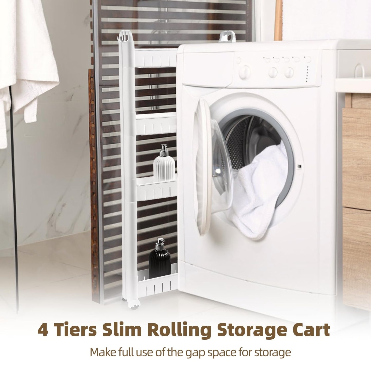 4 Tiers Slim Rolling Storage Cart, 3.5 in Slim Slide Out Bathroom Organizer Cart, Tiered Storage Rack with Wheels, Narrow Mobile Utility Cart for Laundry Room, Kitchen, Office, Sturdy Room