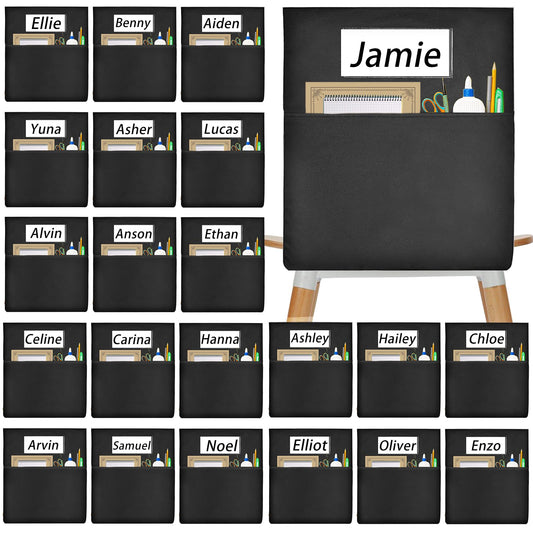 24 PCS Chair Pockets for Classroom 20"x17", Seat Sacks for Classroom Chairs k-2, Student Chair Pockets with Name Tag Classroom Chair Organizer for Classroom Kindergarten School Home Seat Storage Black