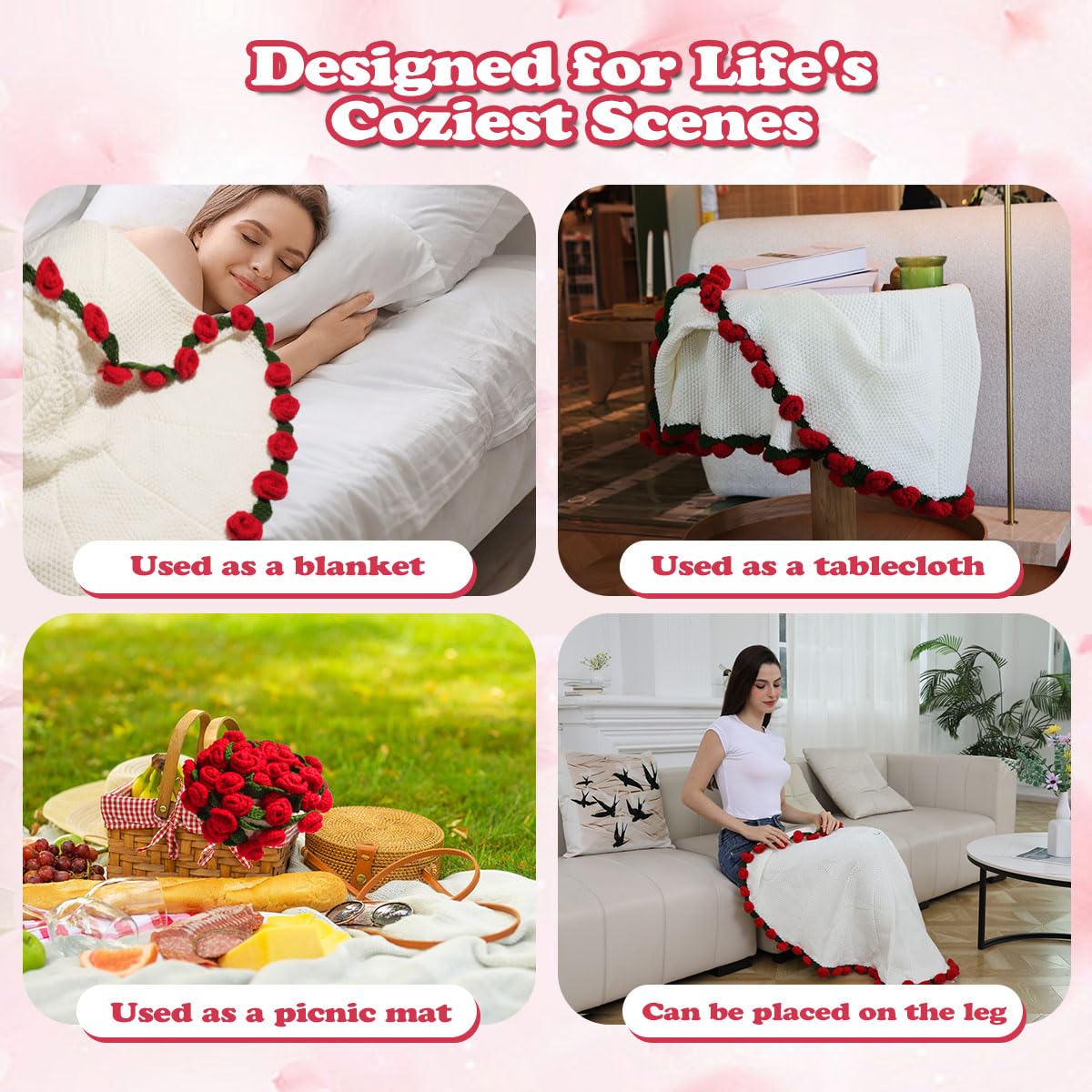 Duryeo Crochet Rose Flower Bouquet Blanket with Red Rose, Handmade Knitted Throw Blanket, Christmas, Valentine’s Day, Anniversary, Birthday Gifts for Wife, Girlfriend, Fiancée, Lover, 60Inch