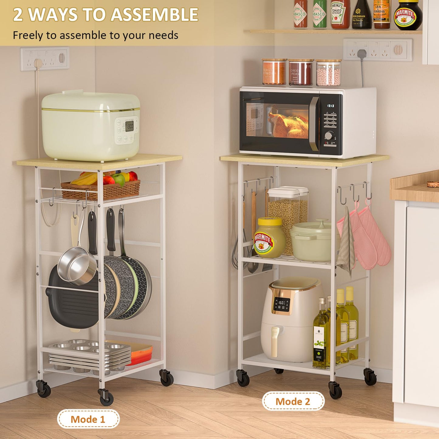 ThreeHio Rolling Kitchen Microwave Cart, 3 Tier Microwave Table Stand with Adjustable Shelf, Kitchen Storage Rack on Wheels, Coffee Station Cart Rack Shelf Organizer for Living Room Office, Balcony