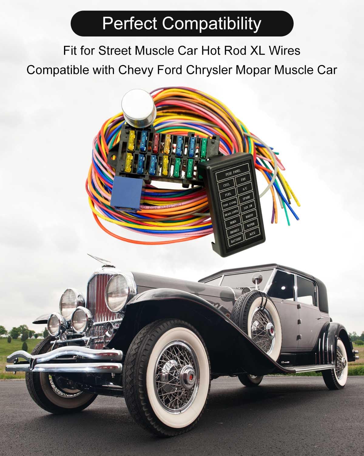14 Circuit Universal Wiring Harness Fit for Street Muscle Car Hot Rod XL Wires, 12V Fuse Wiring Harness Kit Compatible with Chevy Ford Chrysler Mopar Muscle Car