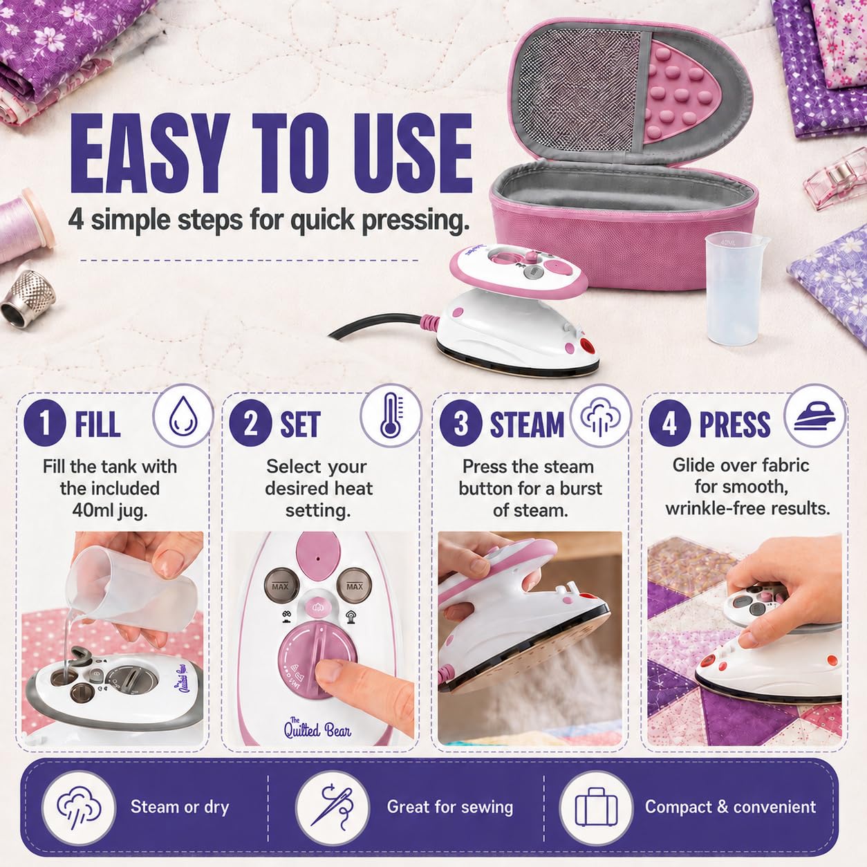 The Quilted Bear Premium Mini Steam Iron - Lightweight Mini Travel Iron for Effortless Quilting & Wrinkle-Free Clothes with Carry Case & Iron Rest Set - Travel Steamer for Clothes & Crafts (Pink)