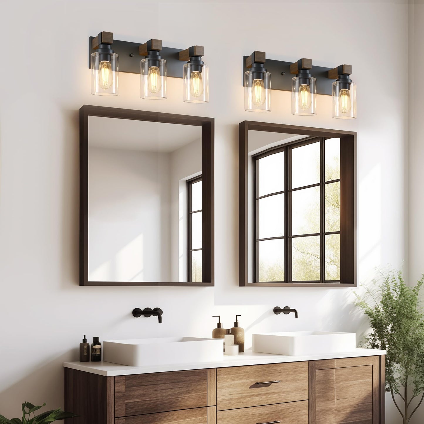 Farmhouse Bathroom Vanity Light Fixtures, Rustic 3-Light Wood Vanity Lights for Bathroom, Vintage Black Wall Sconces Lighting, Light fixtures Over Mirror, with Glass Shade