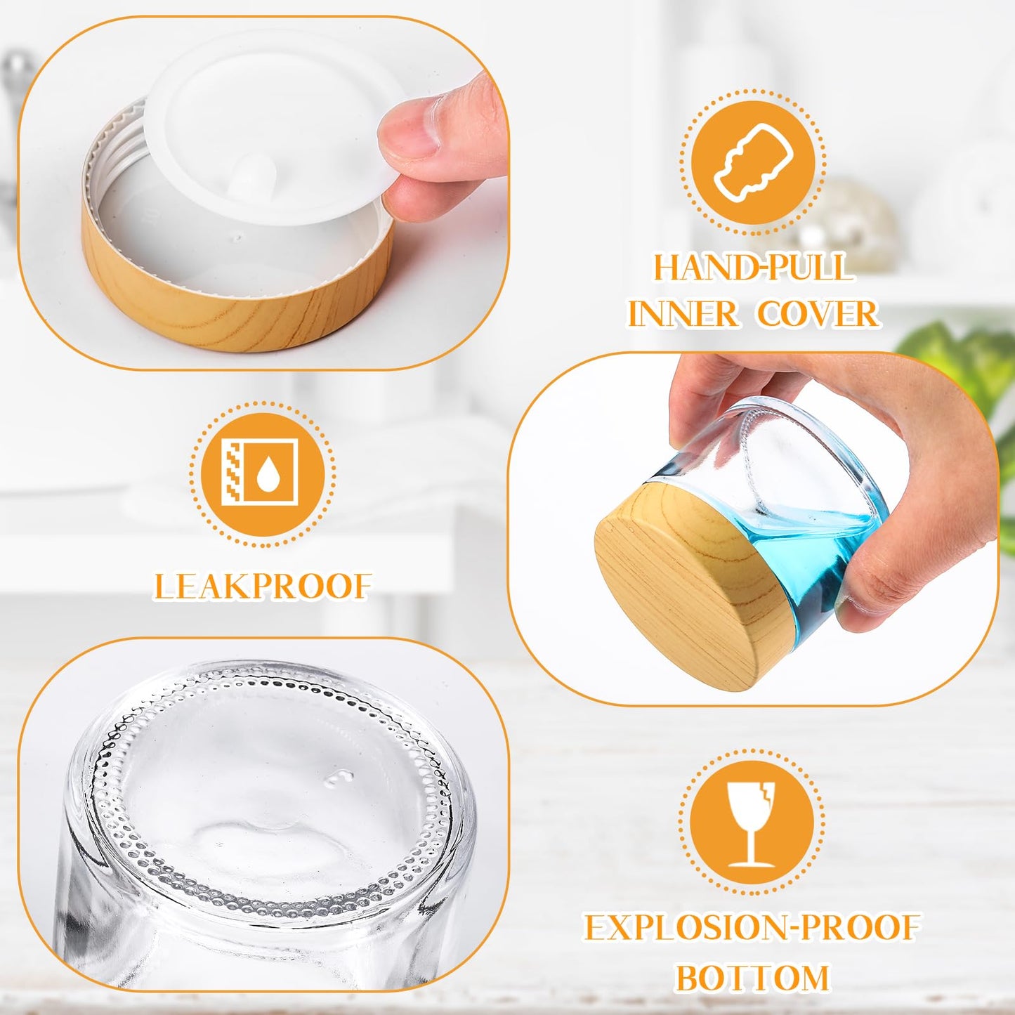 Layhit 24 Pcs Glass Jars with Lids Clear Small Jars with Woodgrain Lids, White Labels and Inner Liners Empty Round Cosmetic Containers for Creams Lotions Powder Ointments Candle Making(2 oz)