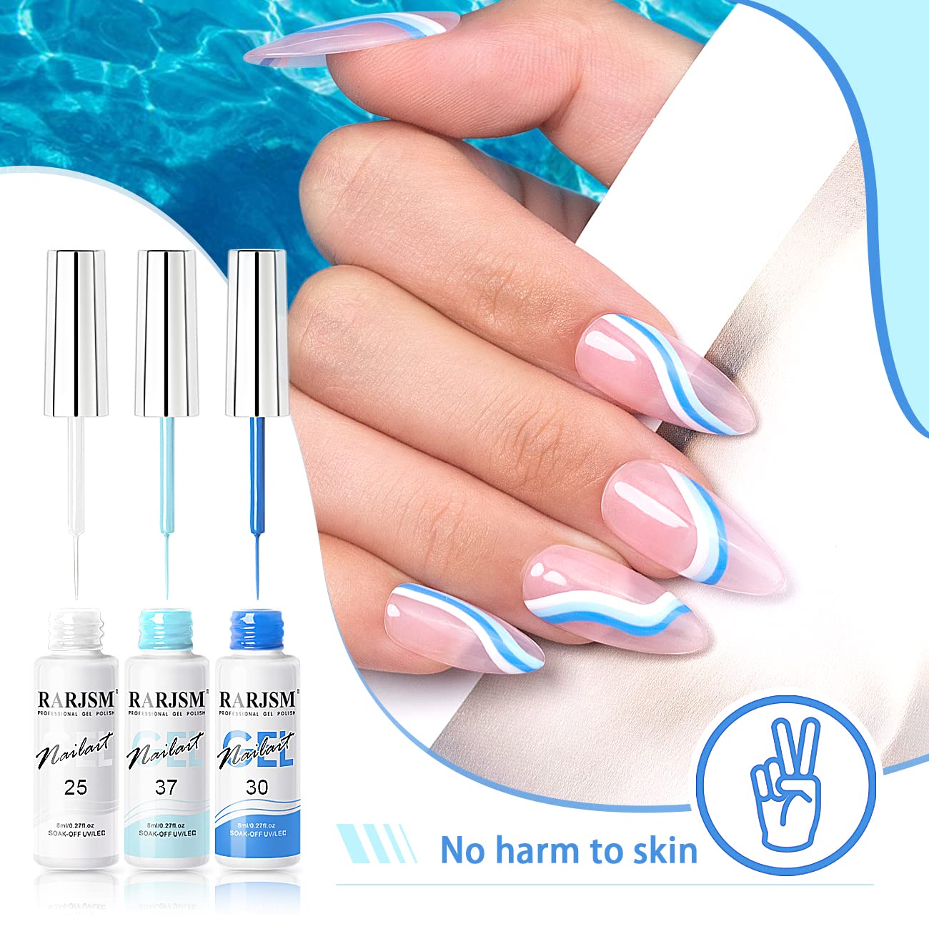 RARJSM Nail Art Gel Liner 24 Color Line Art Painted Gel Nail Polish Set Pink Blue Green Silver Gold Glitter for Nails Painting Drawing Soak Off UV LED Curing Requires Bulid in Thin Nail Art Brush
