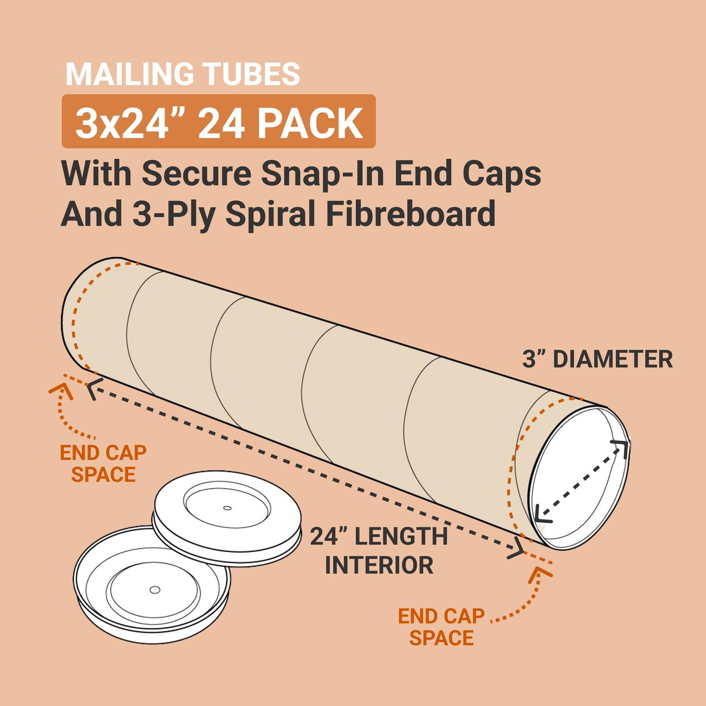 BOX USA Cardboard Tubes with Caps, 24"L x 3"W x 3"H, Pack of 24 | Poster Tube for Mailing and Storage of Blueprints, Artwork, Crafts, Long Art Holder, 24 inches