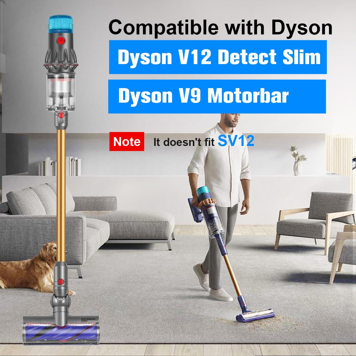 FUNTECK Motorbar Cleaner Head for Dyson V12 (Not for SV12) Detect Slim & V9 Motorbar, Anti-Tangle Vacuum Brush Attachment for SV20 SV30, Ideal for Carpets Rugs and Smooth Hard Floors
