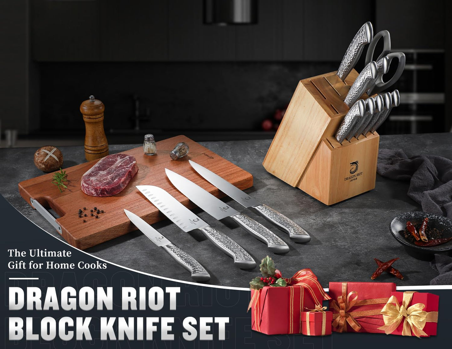 14 PCS Knife Set with Wood Block - Stainless Steel Kitchen Knife Block Set with Built in Sharpener, Dishwasher Safe, Rust Resistant, Non-Slip Ergonomic Handle - Gift for Men Women and Housewarming