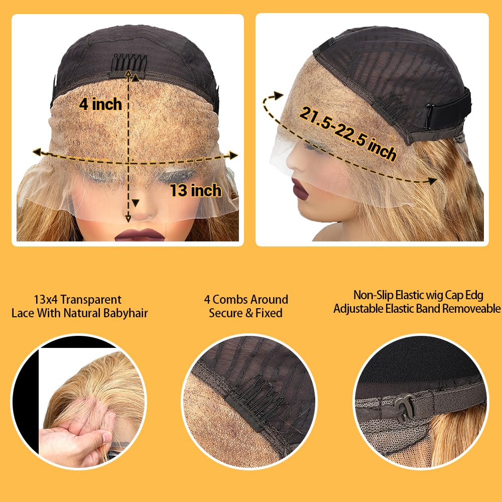 SOSATISFY Body Wave Honey Blonde Wig Human Hair 13x4 Honey Blonde HD Lace Front Wig Human Hair 200% Density 27# Colored Human Hair Wigs Pre Plucked with Baby Hair (20 inch)
