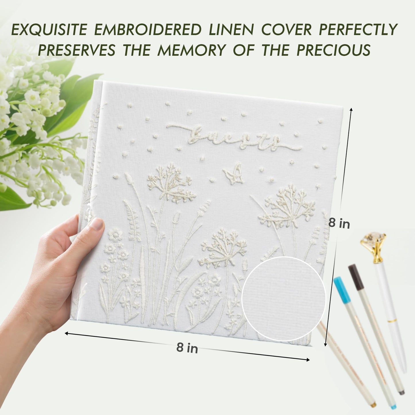 Gatyko Embroidered Wedding Guest Book—The Perfect Polaroid Guest Book for Wedding Receptions， Birthdays, Baby Showers, and Special Events with 3 Photo Corner Stickers+ 3 DIY pens+1 Diamond Pen(Cream)
