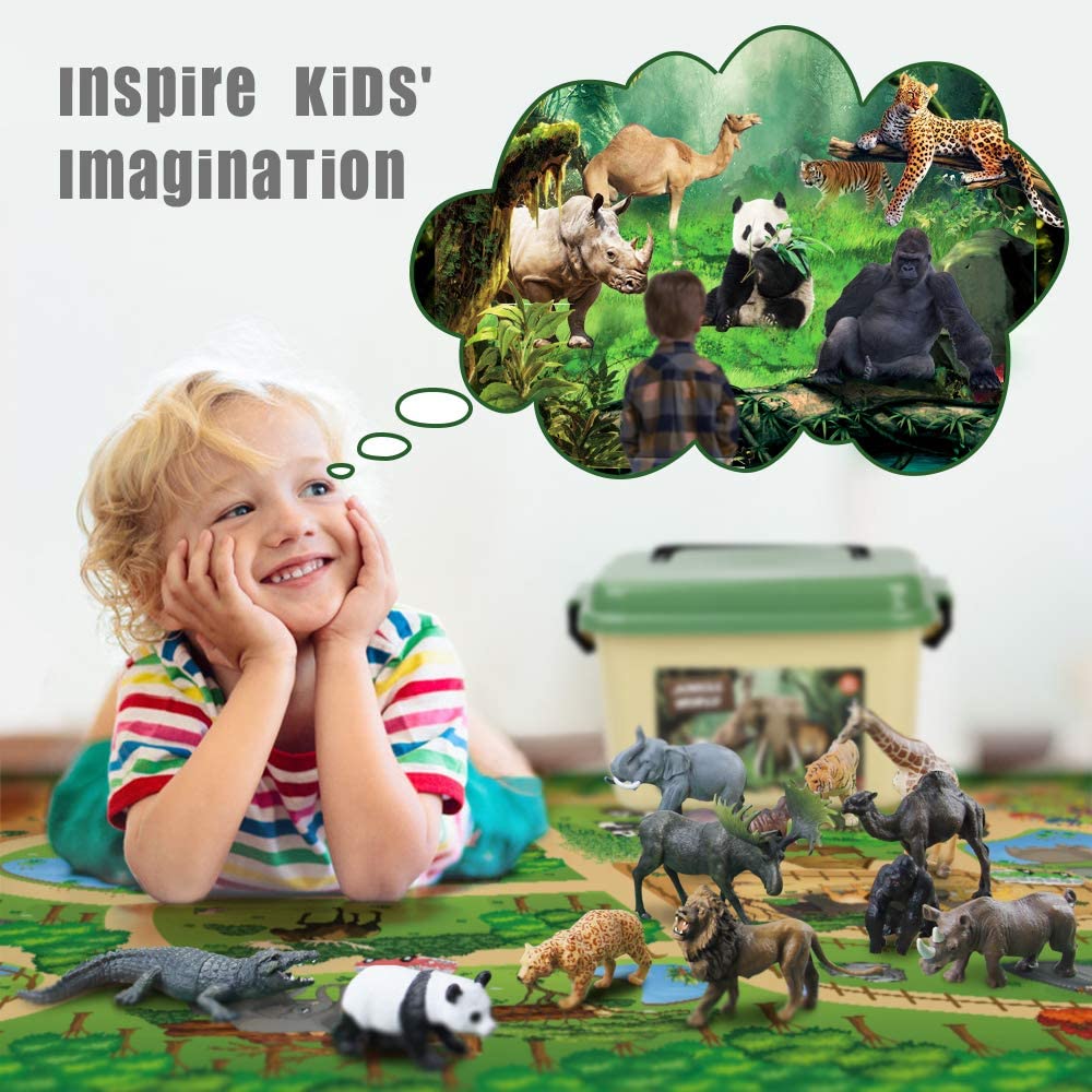 Mini Tudou 12 Pieces Safari Animal Figures with Large Play Mat 57" x 38.6" Realistic Wild Zoo Animals Game with Elephant, Giraffe, Lion for Boys and Girls
