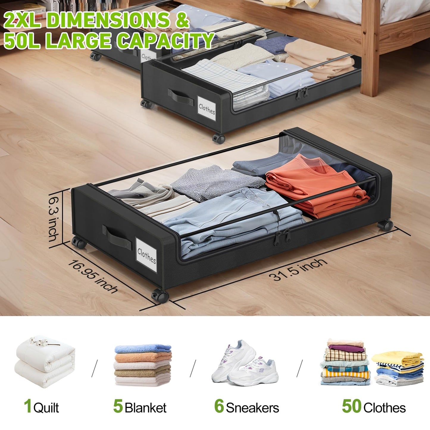 Molutsody Under Bed Storage with Wheels, 4-Pack Underbed Storage Containers with Clear Lids, Under Bed Shoe Storage Organizer, Rolling Under Bed Storage for Clothes Shoes Blankets (Black)
