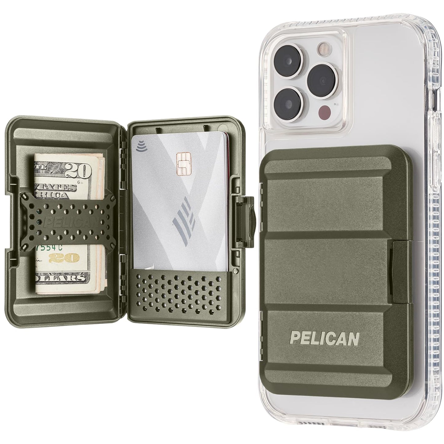 Pelican MagSafe Wallet for iPhone - Heavy Duty MIL-STD Snap-On Phone Magnetic Wallet and Phone Card Holder - Detachable and Slim Hard Case for iPhone 16 Pro Max /15 Pro Max/14/13/12 Series - OD Green