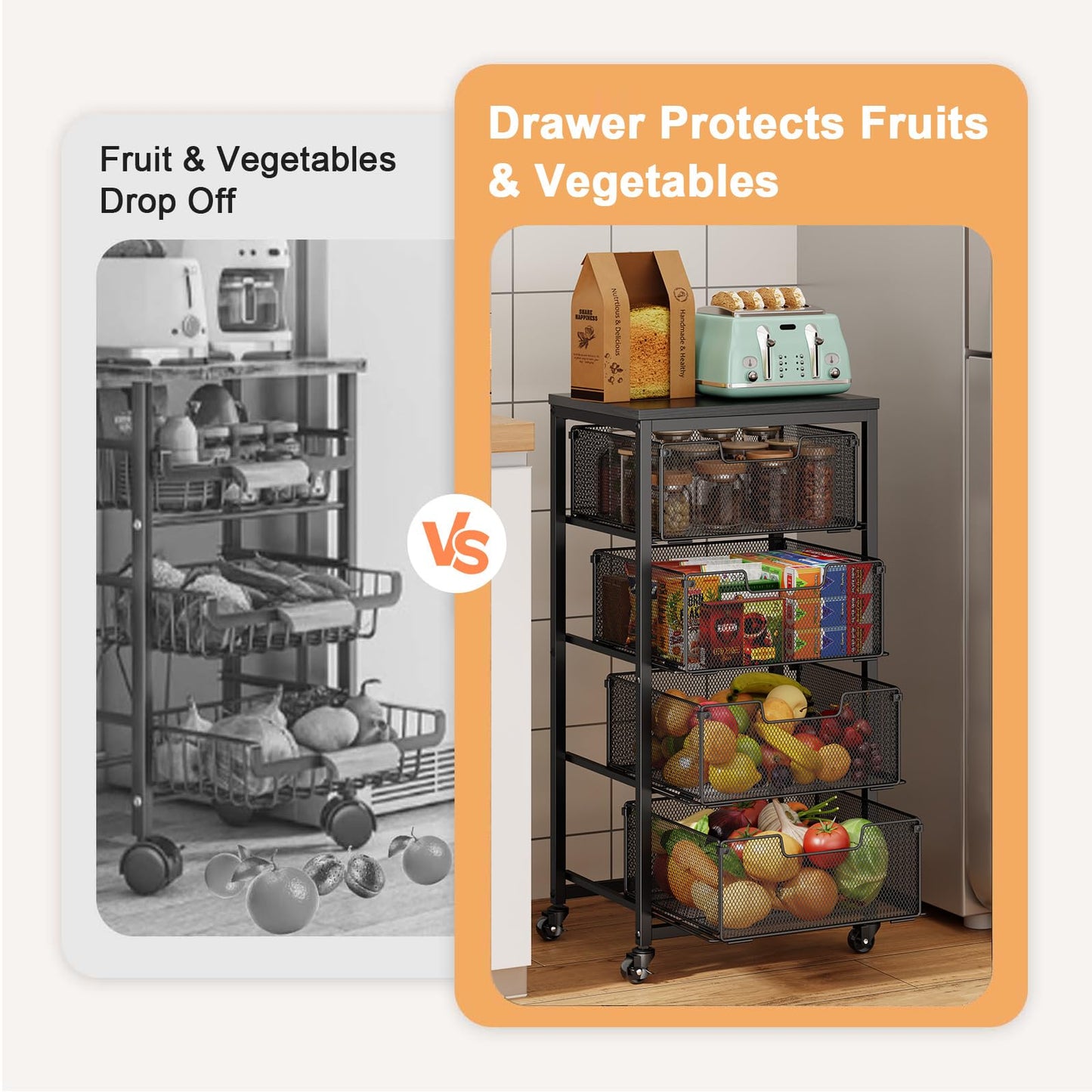 4-Tier Fruit Vegetable Storage Cart - Kitchen Organizer and Storage Cart with Wheels, Wooden Top Metal Wire Fruit Vegetable Rack Stand with Drawers to Storage Cans Snacks for Kitchen(Patent Pending)