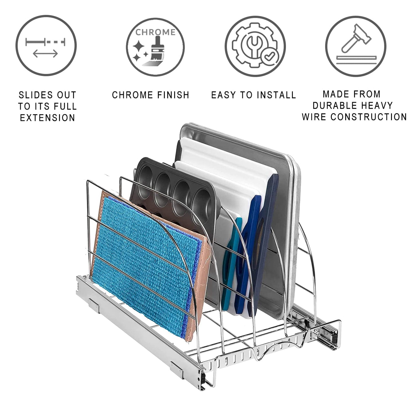HOLDN’ STORAGE Pull Out Organizer for Bakeware, Cutting Board and Trays, Adjustable Dividers - Heavy Duty, Lifetime Limited Warranty - For Narrow Cabinet Spaces, 12.5”W x 21”D x 11”H, Chrome