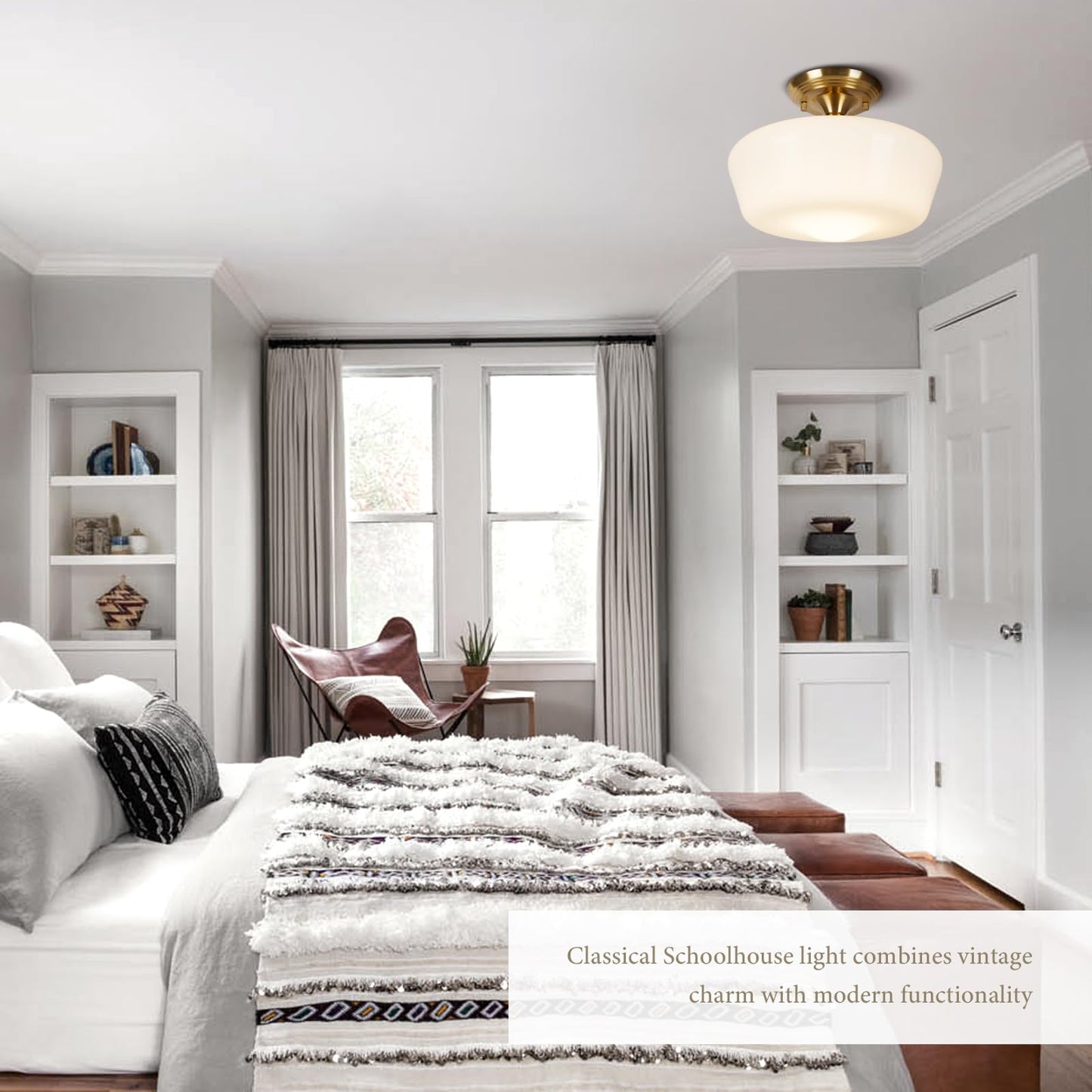 Schoolhouse Style Semi Flush Mount Ceiling Light Fixture, 12" Modern Gold Hallway Ceiling Lamp with Opal Milk Glass Shade Brass, Farmhouse Globe Light for Bedroom Kitchen Hallway Entryway Laundry