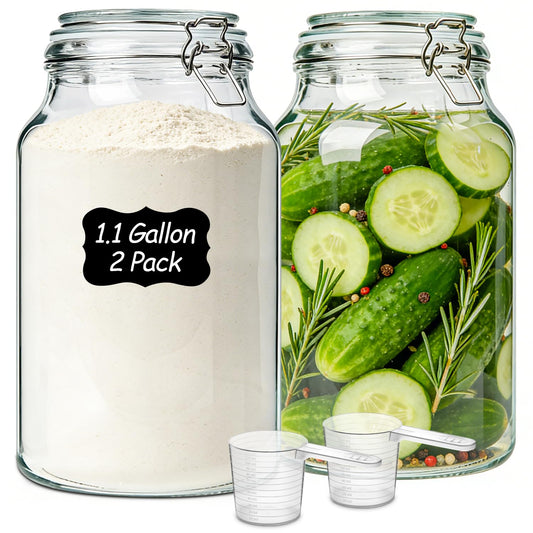 ComSaf 1.1 Gallon Glass Jars with Airtight Lids (138oz, Set of 2), 4-Inch Extra-Wide Mouth Heavy Duty Canisters for Bulk Flour, Sugar & Rice Storage, Ideal for Kombucha, Kimchi, Sauerkraut & Pickling