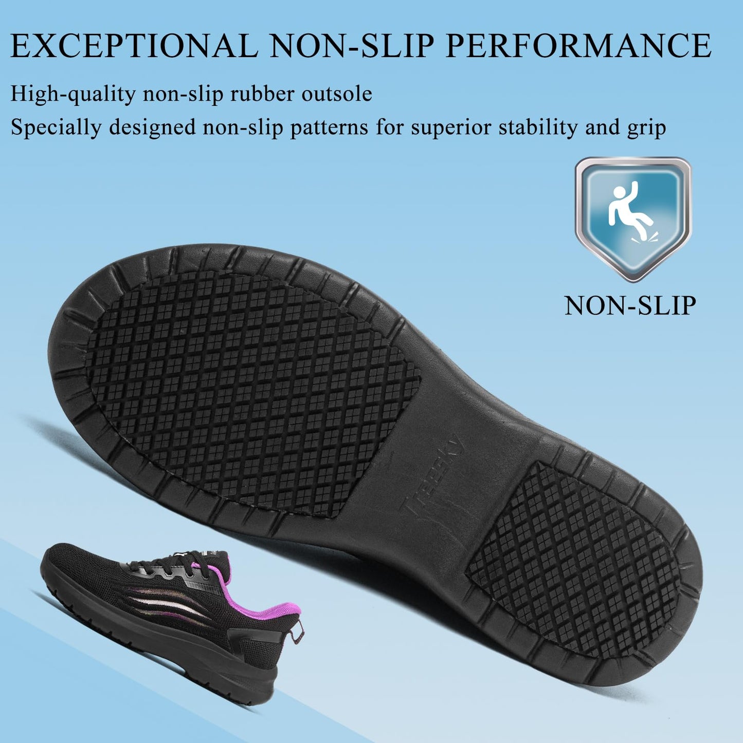 Treesky Non Slip Work Shoes for Women in Food Service - Slip Resistant, Comfortable & Lightweight Sneakers, Suitable for Restaurant, Kitchen & Nursing Crews (Black & Purple, Size 8)