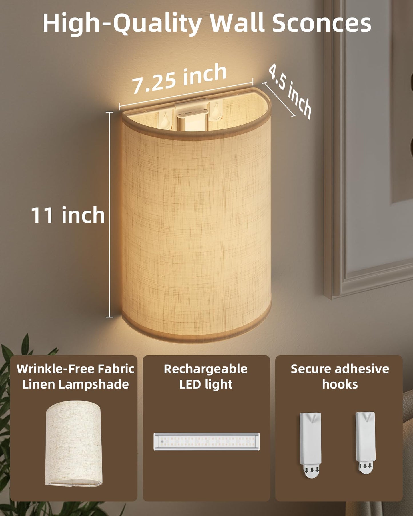 EZVALO Battery Operated Wall Sconce, Rechargeable Wall Sconces Set of Two with Remote, 3 Color & 80 RGB Wireless Wall mount Light, Dimmable, Timer, Peel and Stick, Fabric Linen Wall Lights for Bedroom