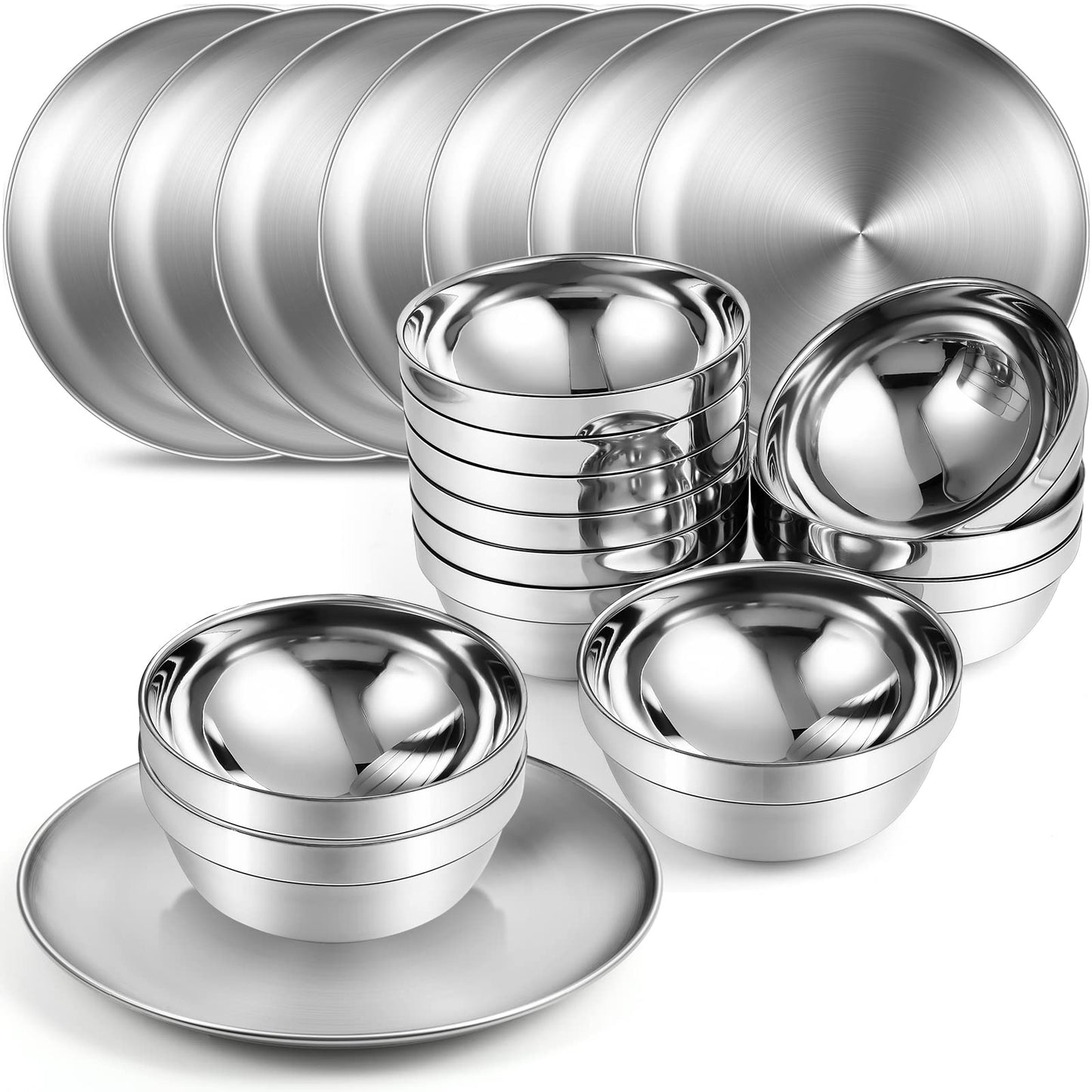 Sunnyray Stainless Steel Plates and Bowls Metal Camping Plates Reusable 13oz Steel Snack Feeding Serving Dinner Dishes Double Walled Insulated Metal Bowls for Kids(10 Set,8 Inch)