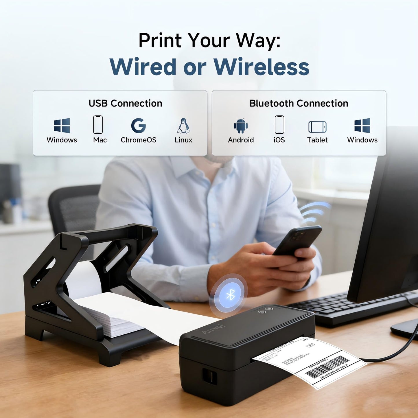Arrvel Bluetooth Thermal Label Printer with Stand, Wireless 4x6 Shipping Label Printer for Small Business, Inkless Print for USPS Amazon Etsy Shopify, Support iPhone Android Windows Mac (Black)