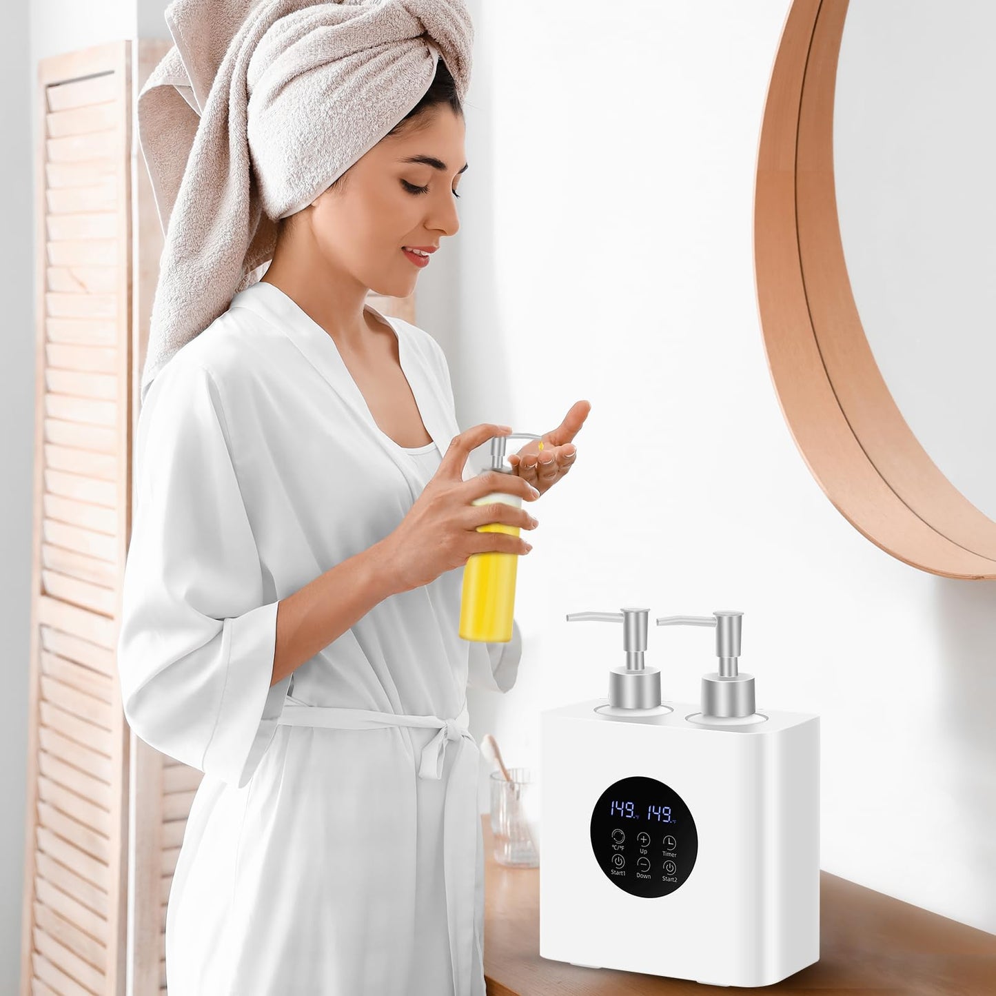 Meifuly Massage Oil Lotion Warmer Double Bottles for SPA Massage Therapy & Personal Use, Fast Oil Cream Lotion Warmer Heats Up, with 4 Oil Bottles Dispenser, Adjustable Constant Temperature