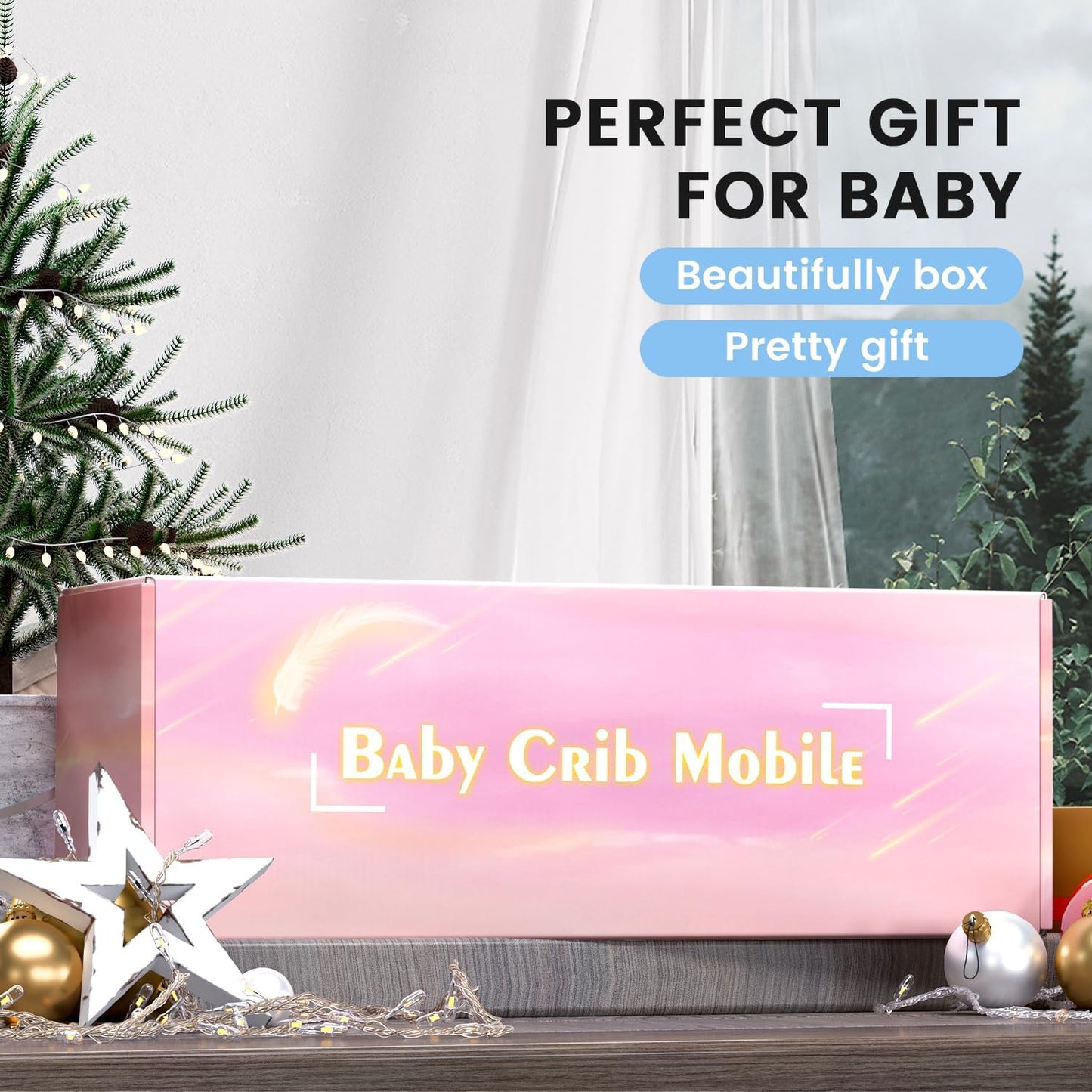 FEISIKE Mobile for Crib Bassinet Girls Baby Mobiles with 3 Modes Digital Music Box（Turn Only, Music Only, Turn & Music, 35 Lullabies, Pink Elephant Nursery Mobile, Clamp Type, Pretty Box Packaging
