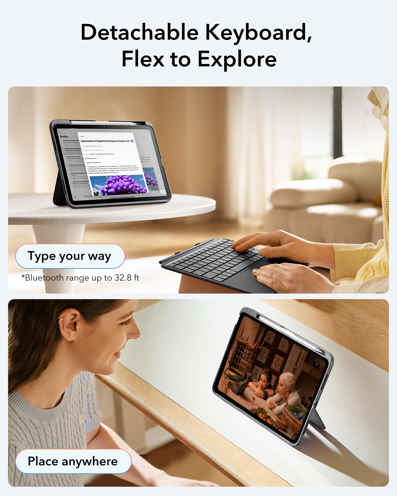 ESR iPad Air 11" (M3/M2) & 5th/4th Gen Flex Keyboard Case, Ultra-Light Magnetic Detachable Keyboard with Writing/Viewing Modes, Larger Precision Trackpad, Dark Gray
