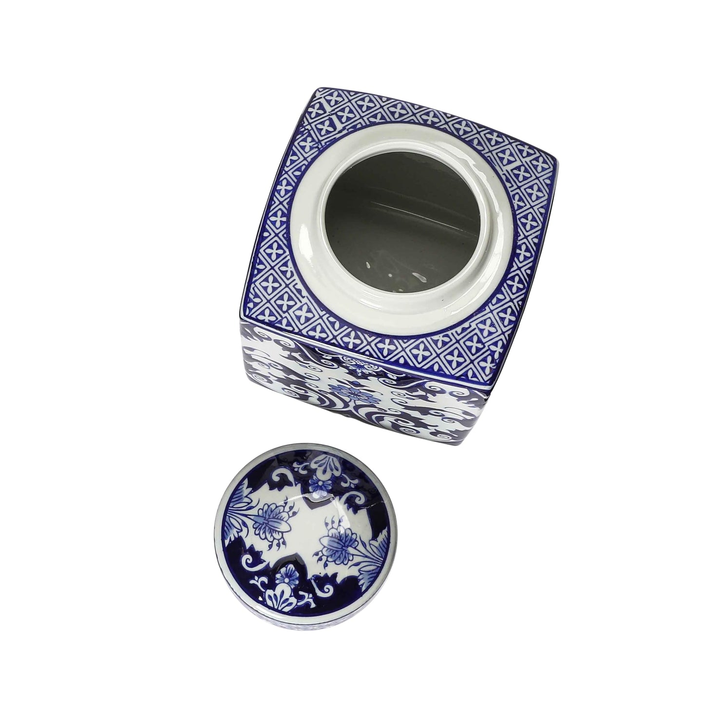 Creative Co-Op Decorative Square Ceramic Ginger Jar with Lid for Small Spaces, Blue and White