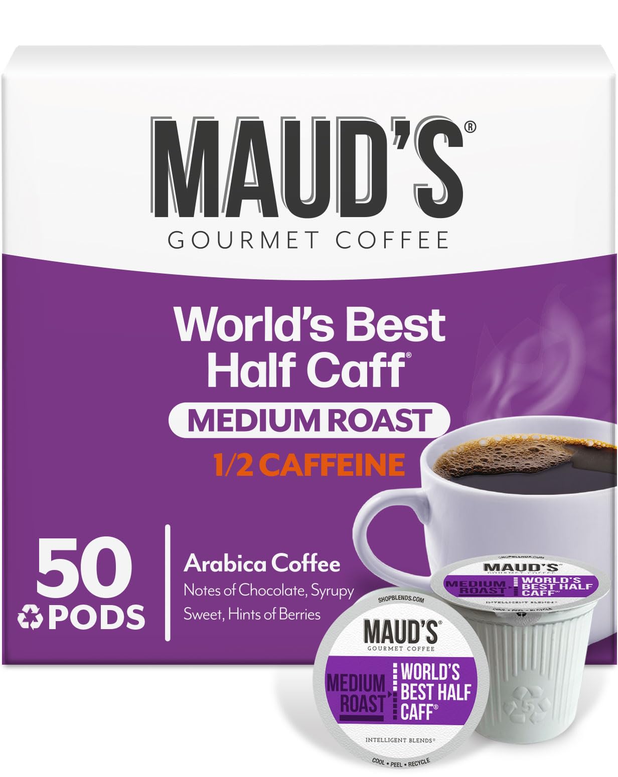 Maud's Half Caff Coffee Pods, 50ct, Medium Roast Coffee in Single Serve Pods – 100% Arabica Coffee, Compatible with Keurig K Cups Maker