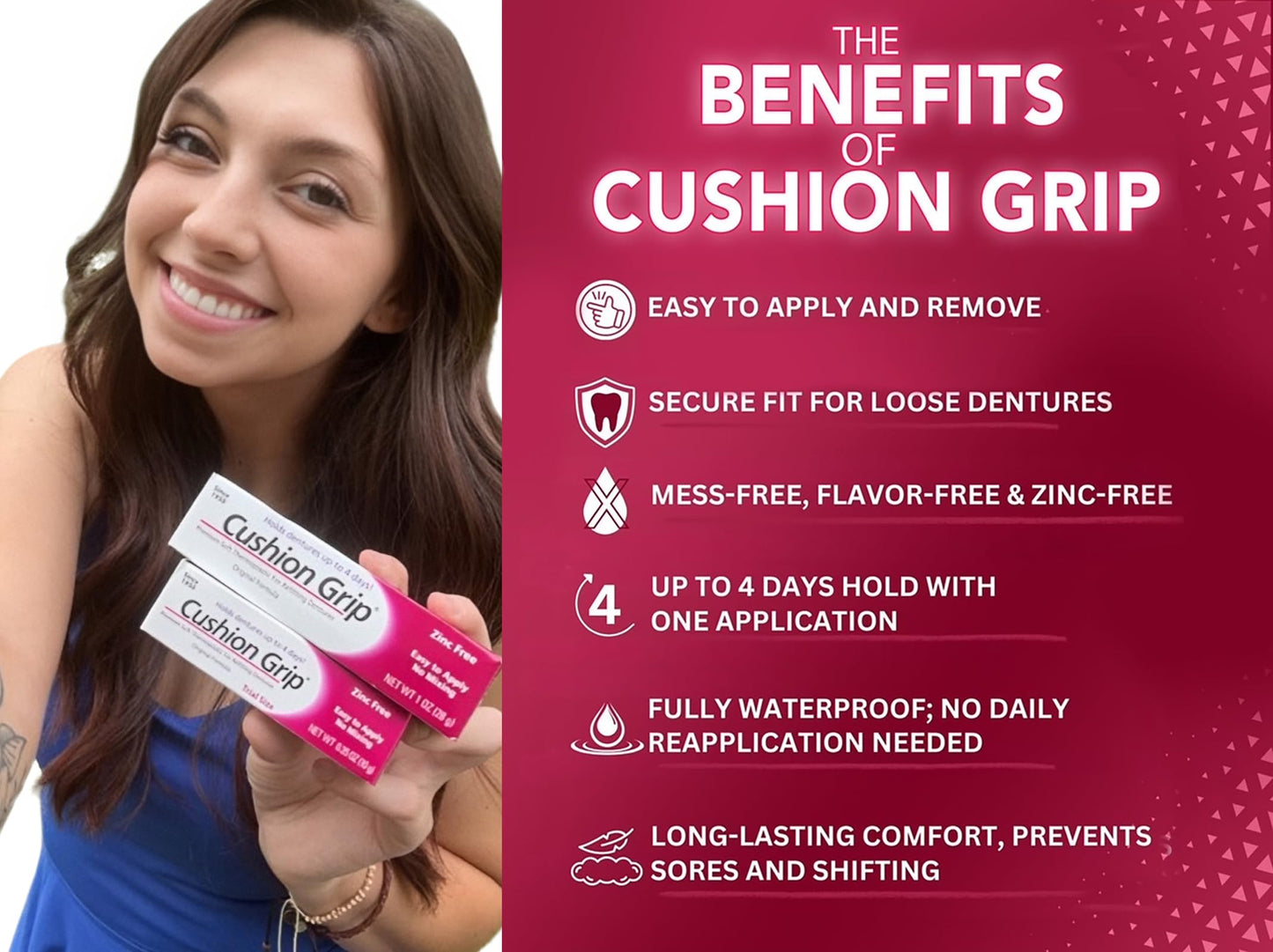 Cushion Grip Thermoplastic Denture Adhesive, 1 oz - Improves Denture Fit, Comfort & Stability | Non-Glue Adhesive, Acts Like a Soft Reline (Pack of 6)