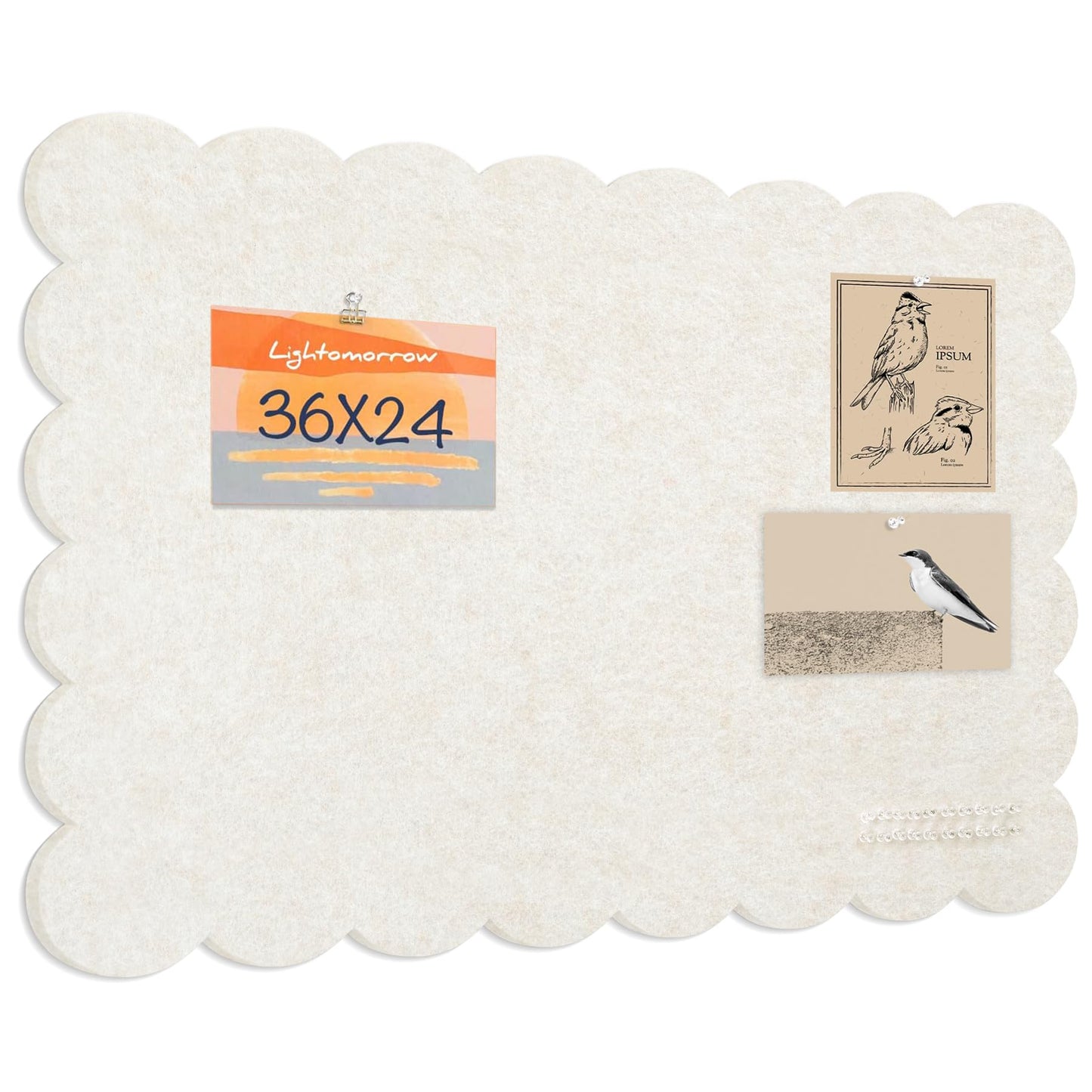 Scalloped Bulletin Board, 36 x 24 Inches Felt Pin Board - Decorative Cork Alternative for Wall, 3' x 2' Foldable Picture Self-Adhesive Vision Prayer Board with 20 Pushpins - Oatmeal