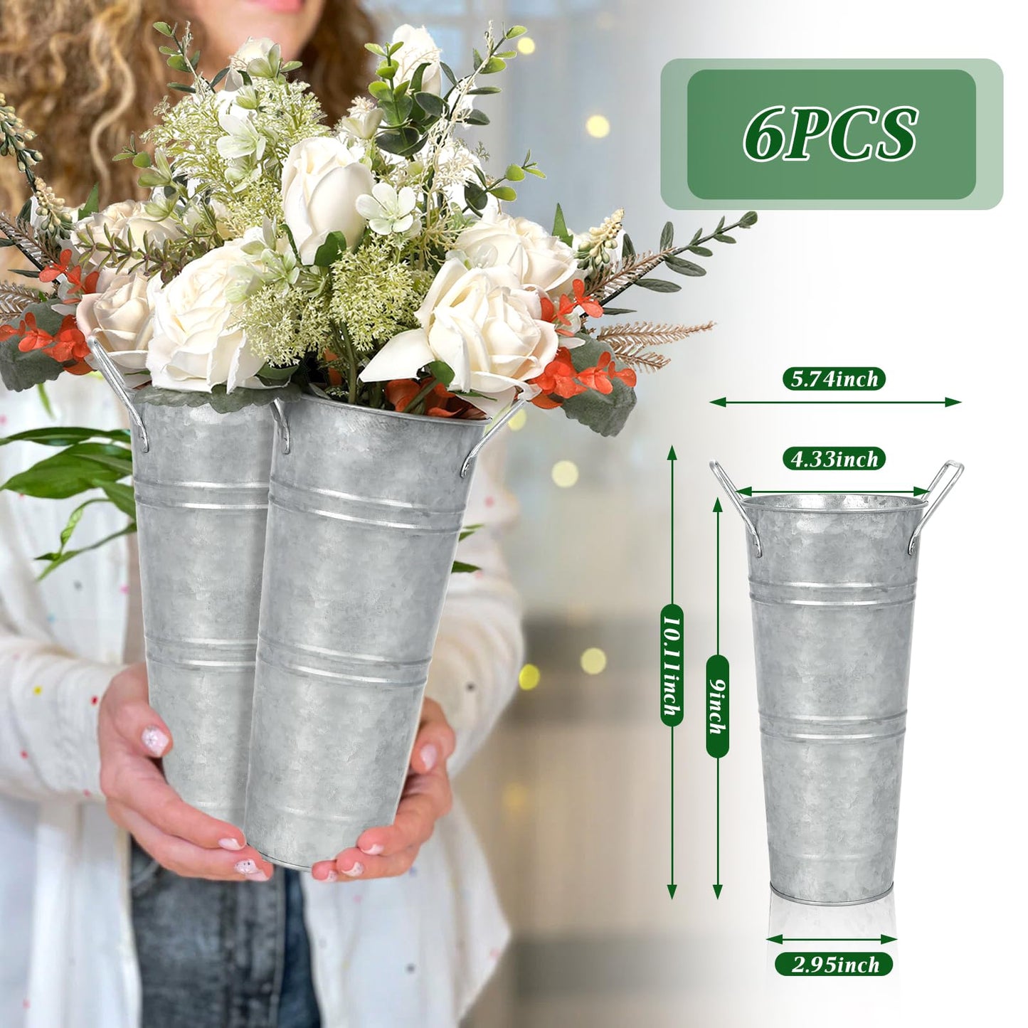 6pcs 9inch-Galvanized Metal Vases Farmhouse French Flowers Bucket Vase with Handles Rustic Tin Flower Holder for Cut Plants Housewarming Gift for Balcony Garden Courtyard