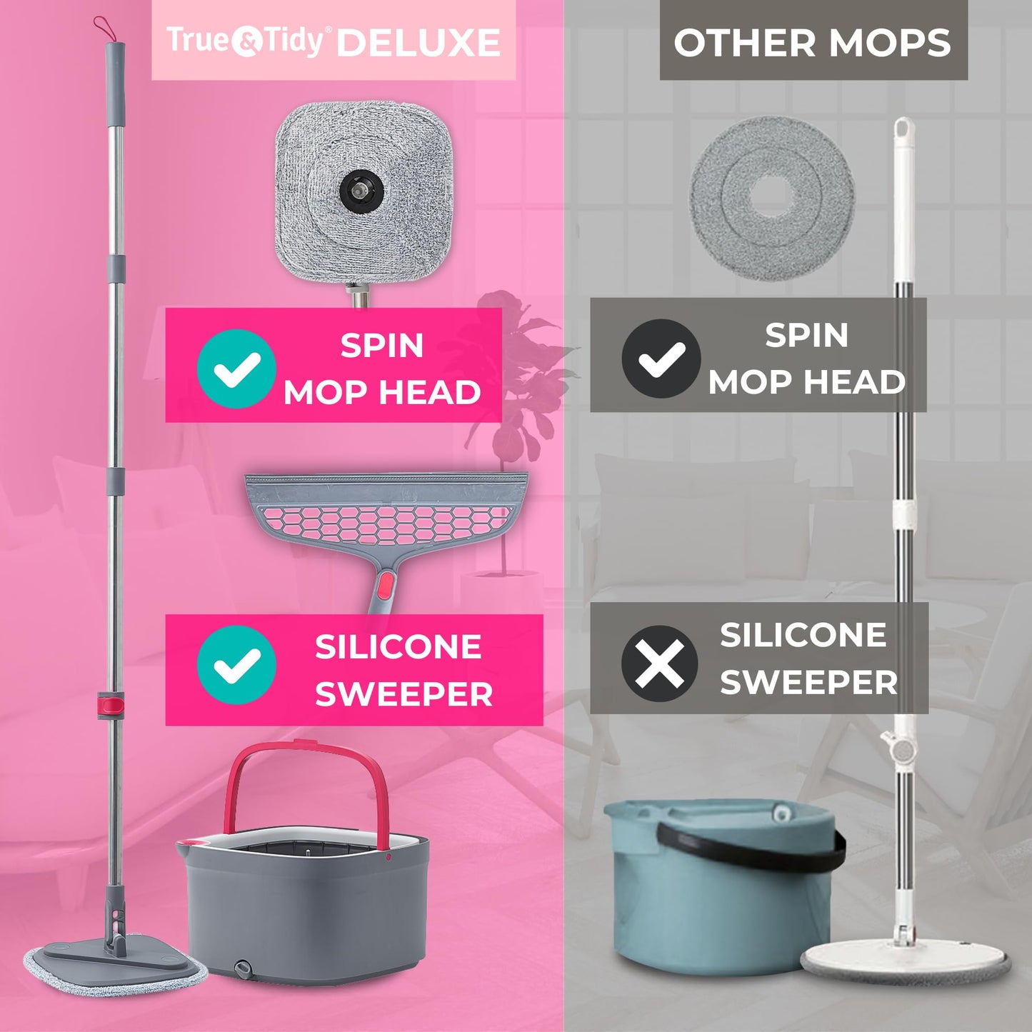 True & Tidy True Clean Spin Mop & Bucket System – Dual Compartment Design for Clean & Dirty Water, 360° Swivel Mop Head, Built-in Scrubbing Brush, Stainless Steel Handle & 2 Reusable Microfiber Pads