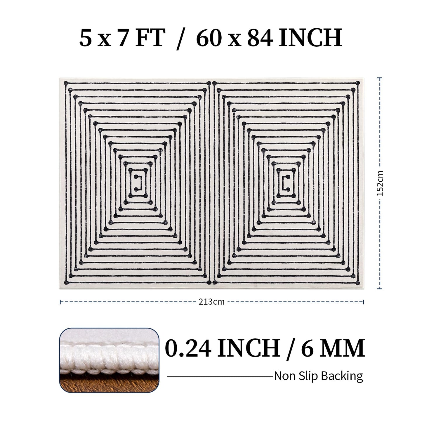 YIHOUSE Washable 5x7 Area Rugs for Living Room, Black and White Striped Rug for Bedroom Playroom Non Slip Low Pile, Soft Modern Geometric Carpet for Entryway Home Office Decor