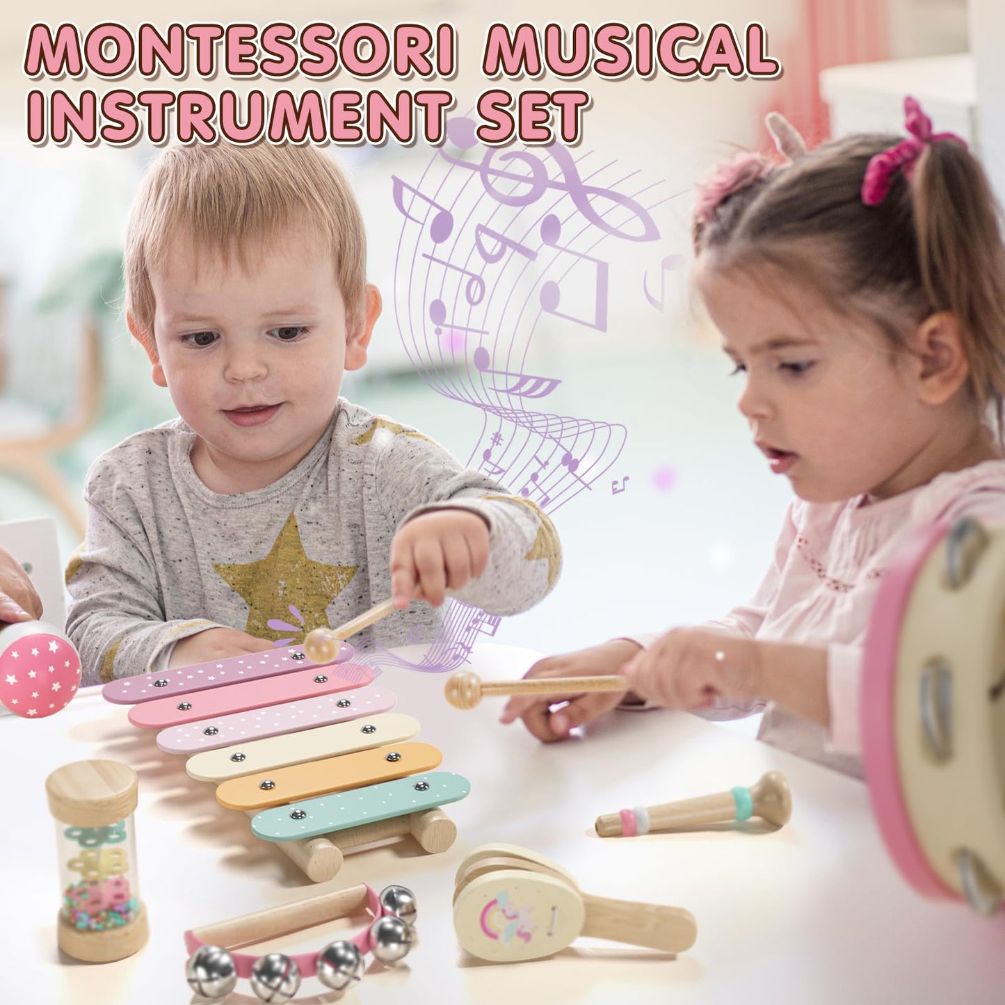 Lehoo Castle Baby Musical Instruments, Montessori Wooden Musical Toys for Toddlers 1-3, Kids Percussion Instruments with Xylophone Maracas, Educational Learning Toys Gift for 1 2 3 Year Old Girls