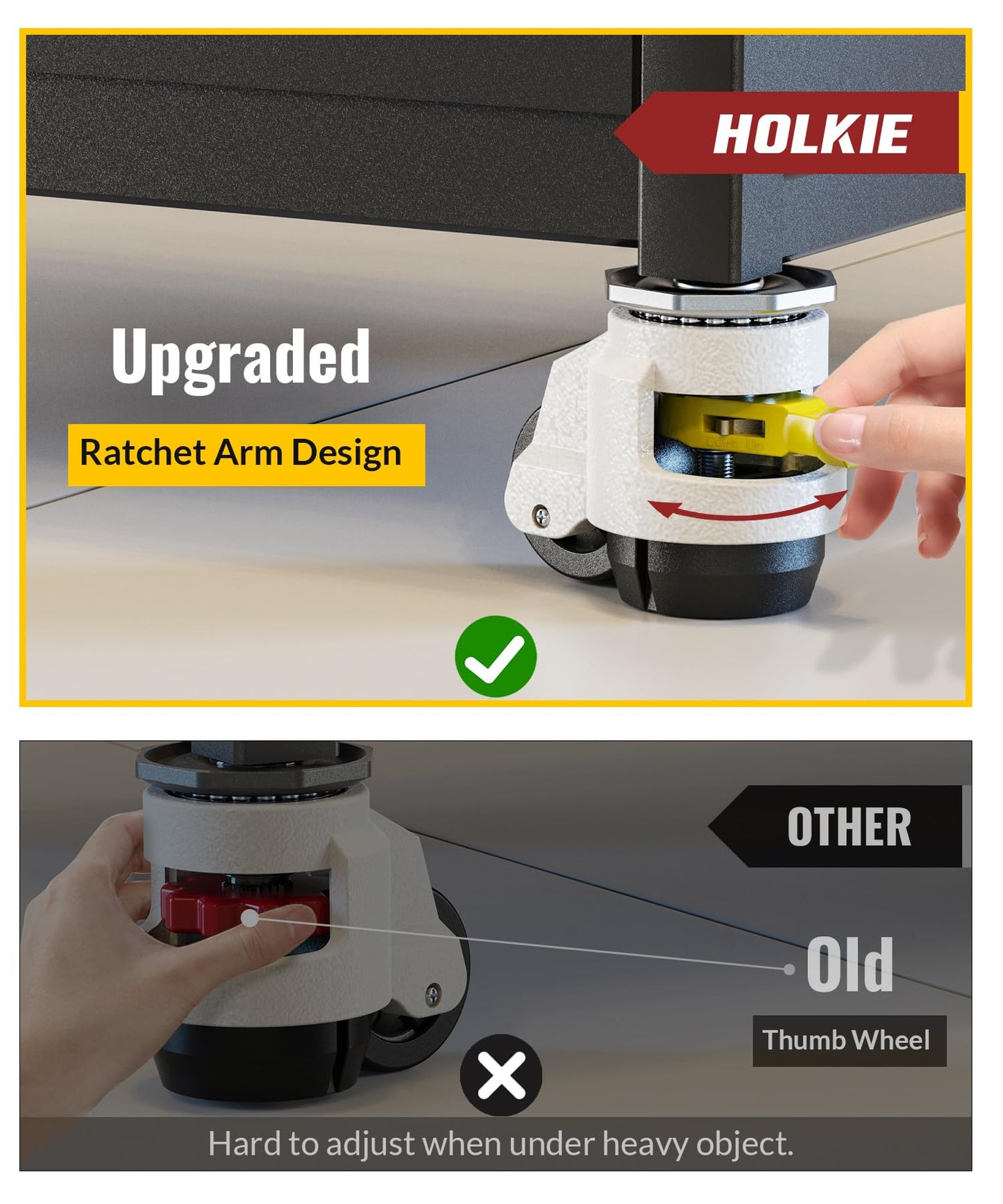HOLKIE Leveling Stem Casters Set of 4 Heavy Duty Retractable Caster Wheels, 1/2" and M12 Stem Size, Total Capacity 2200 Lbs, Adjustable Wheel with Ratchet Handle for Workbench, Machine, Equipment