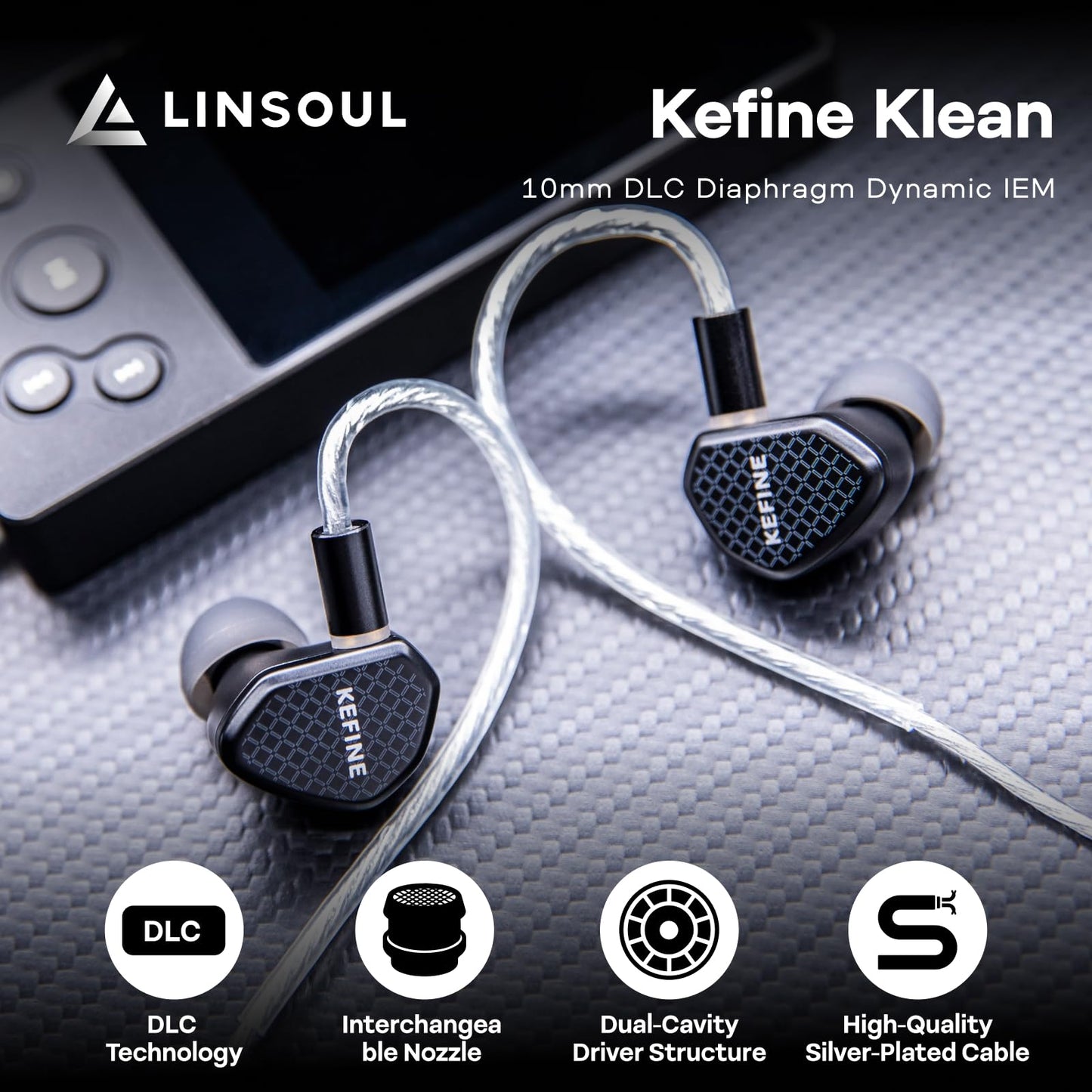 Linsoul Kefine Klean in Ear Monitor,10mm DLC Diaphragm Dynamic Driver HiFi Earphones,Wired Gaming Earbuds,Replaceable Nozzles,Detachable Silver-Plated Cable for Audiophile (No Mic 3.5mm, Black)