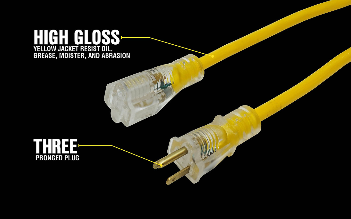 Southwire Yellow Jacket Heavy Duty Extension Cord - Outdoor Power for Tools & Equipment - Lighted End with SJTW Jacket & Three Prong Plug - 100 Foot
