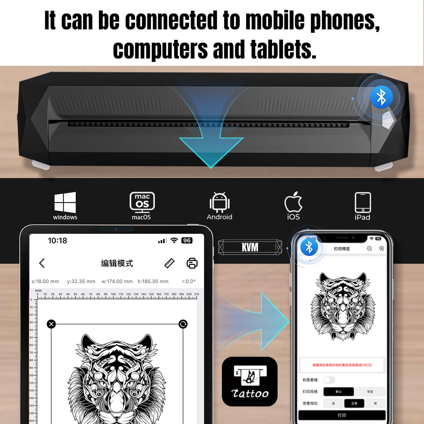KVM Wireless Tattoo Thermal Stencil Printer Bluetooth or USB Interface Thermal Paper or Transfer Paper Printing Quick Stencil Printer for Tattoo Artists and Beginners with Smartphone & Laptop