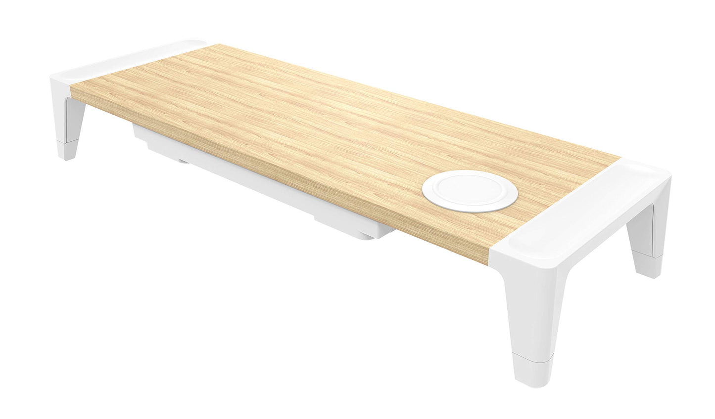 Bostitch Office Wooden Monitor Stand with Wireless Charging Pad, Drawer for Storage, Adjustable Height Riser Includes Removable Non-Skid Rubber Feet - Wood Grain and White (STND-2408WH)