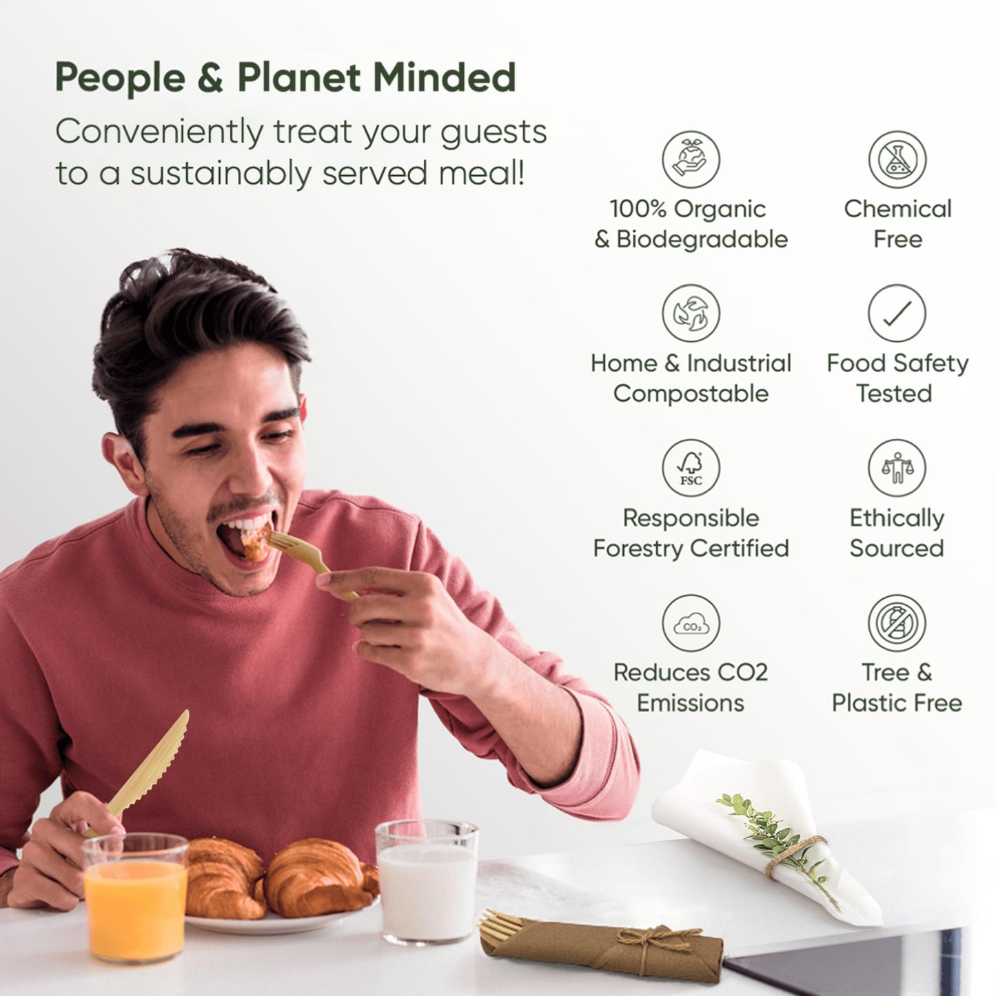 EcoPreps Premium Pre Rolled Brown Paper Napkin and Bamboo Cutlery Set (50 Pack, 200 PCS) 100% Biodegradable, Disposable Wrapped Disposable Silverware Cutlery - Pre-Wrapped Bamboo Forks, Knives, Spoons